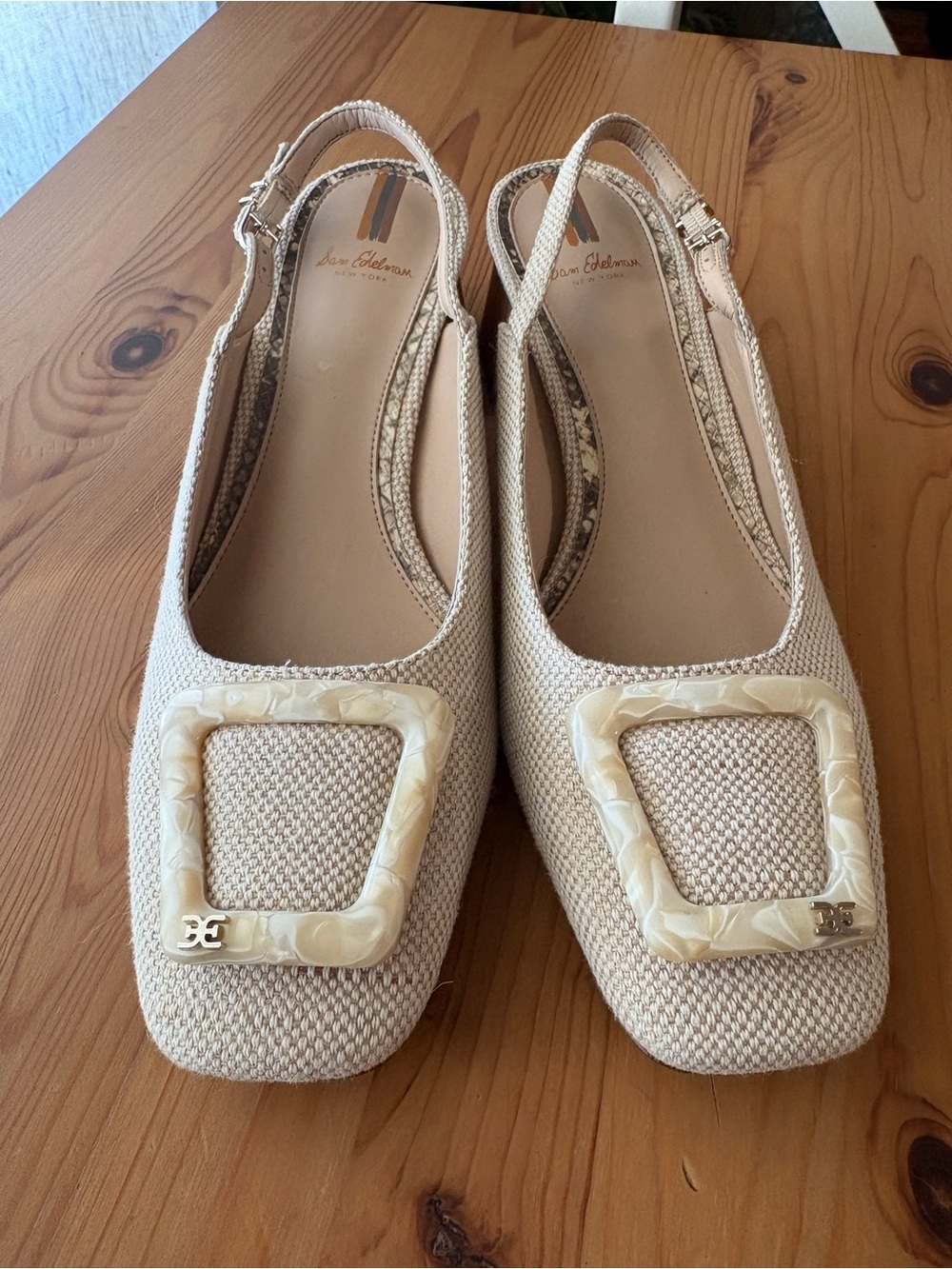 Sam Edelman Beige Slingback Block Heel Pumps with Decorative Buckle - Picture 2 of 11